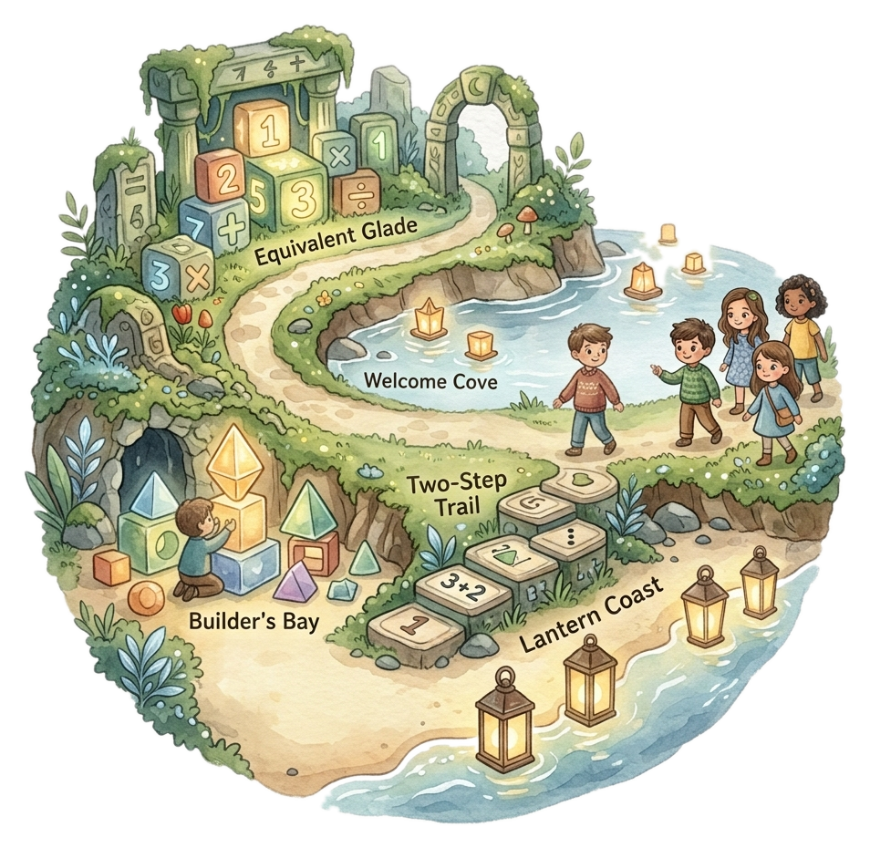 Mosslight Island — a watercolor map of a gentle learning island with children, lanterns, and number blocks